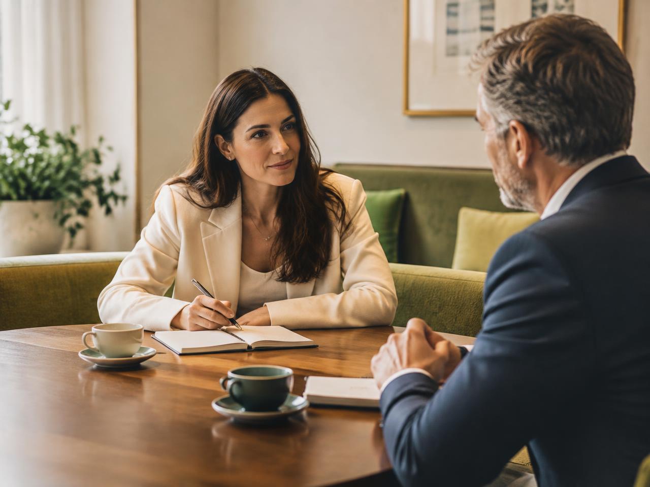 Two business owners in a one-to-one meeting